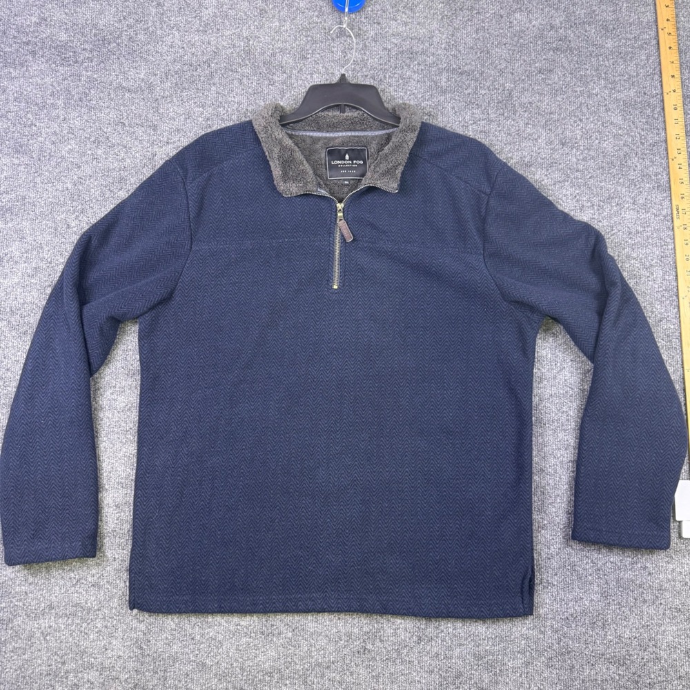 London Fog Mens 2XL Navy Herringbone Quarter Zip Fleece Lined Pullover L12035401